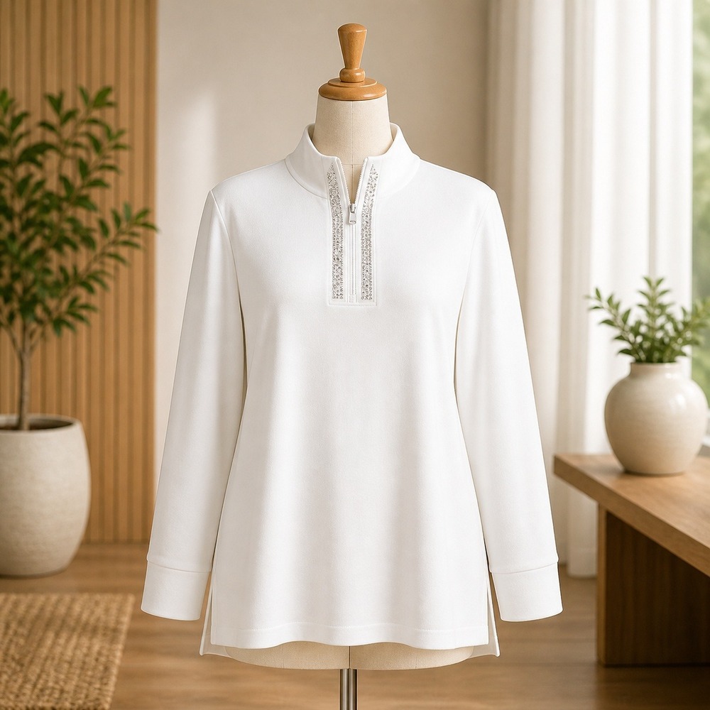 Belle by Kim Gravel White Rhinestone Quarter Zip Mock Neck Pullover XL
